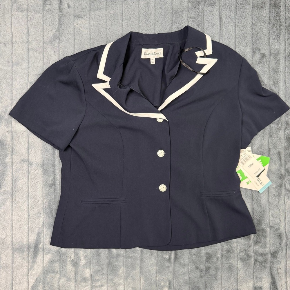 Danny & Nicole Navy Short Sleeve Blazer White Trim Career Jacket Size 18 NEW